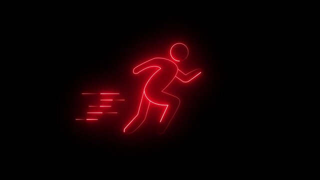 Pictogram of a running man on black background , Running neon sign appear in center and disappear after some time.