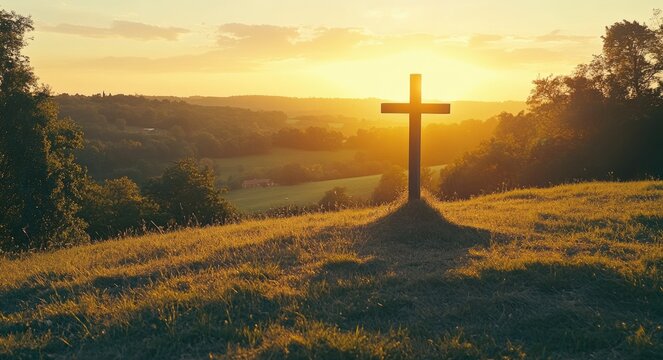 Sunlit Cross on a Hill: Embracing Faith in Nature's Embrace, A Capture of Religious Inspiration