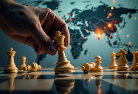 A politician hand moves a chess piece on a chess board with a world map in the background, highlighting global conflicts, wars, geopolitical strategy, power struggles, and international tensions.