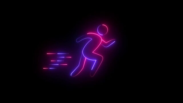 Pictogram of a running man on black background , Running neon sign appear in center and disappear after some time.