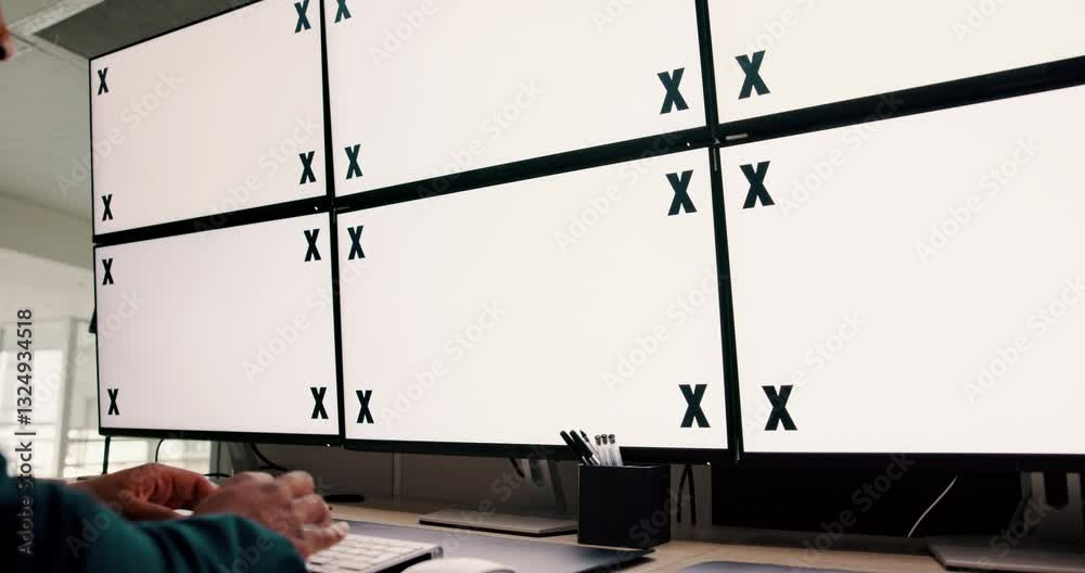 Aufkleber research, mockup space and businessman by computer screen typing for analysis with stock market. tec