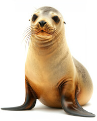 A cute seal sitting and looking at the camera against a white background.