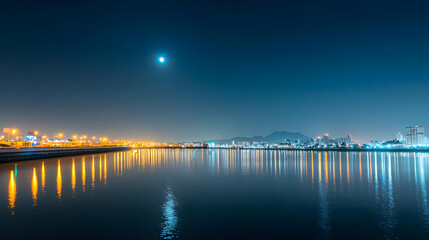 Fototapeta premium City Lights Reflecting On Calm Water Under A Dark Blue Night Sky With A Bright Moon