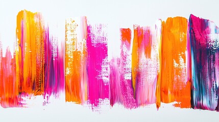 Naklejka premium Vibrant abstract painting with pink, orange, and purple brush strokes on a white background.