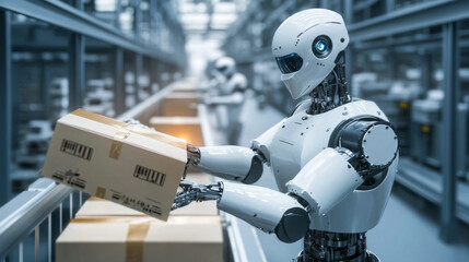 Naklejka premium Robot with artificial intelligence takes control of factory into their hands. Robotic arm goes into the management of AI. Hud interface with icons management of industrial automation of manufacturing.