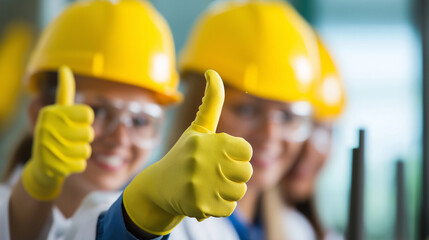 Workers wearing yellow gloves and hard hats giving thumbs-up in an industrial setting.