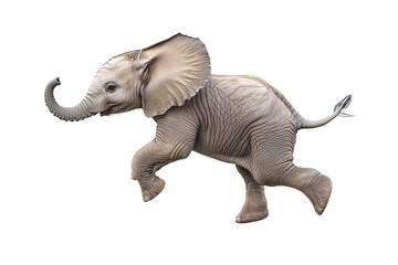 Obraz premium Playful baby elephant mid-leap against a white background. A joyful image capturing the energy of youth.