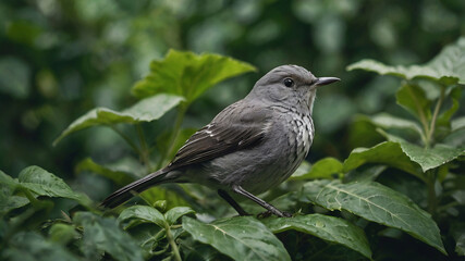 Obraz premium Gray Small Bird on Green Leaves