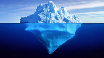 Obraz premium Abstract Iceberg illusion diagram. What people see and what is success hidden part of hard work. Low poly wireframe vector illustration on technology blue background.