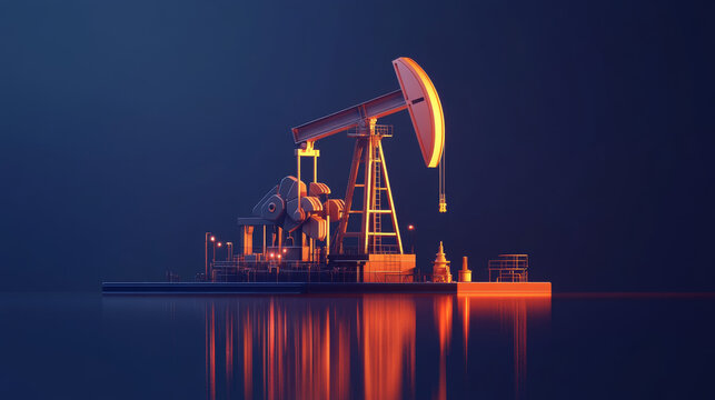 Oil pump jack in dark blue background. Finance, economy, business or petroleum fuel industry concept. Abstract polygonal wireframe with lines and dots. Oil industry equipment