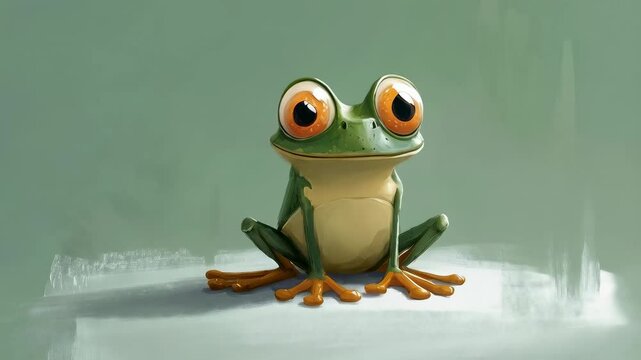 Cute Green Frog with Big Eyes in Cartoon Style