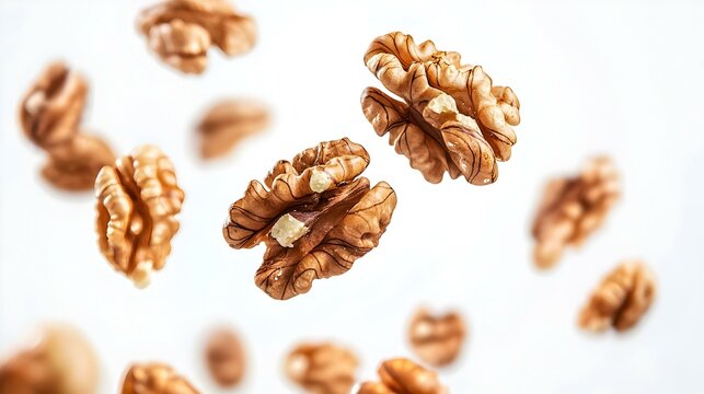 Walnuts falling and rotating on white