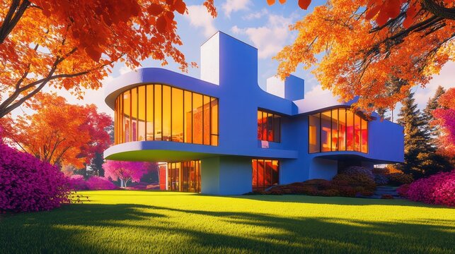 An architectural masterpiece in the Pacific Northwest with a robina??s egg blue exterior and vermilion accents