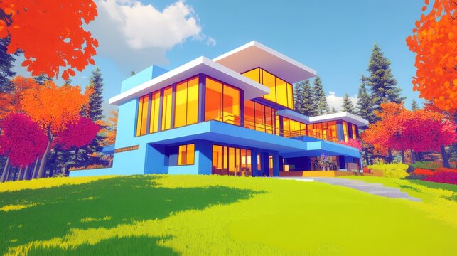 An architectural masterpiece in the Pacific Northwest with a robina??s egg blue exterior and vermilion accents