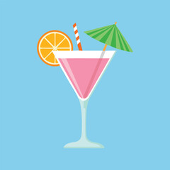 Cartoon flat pink drink, orange, umbrella, and straw on light blue