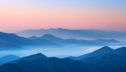 Obraz premium serene landscape featuring misty mountain peaks in soft blue and pink hues the gradient background and gentle lighting create a tranquil and ethereal atmosphere