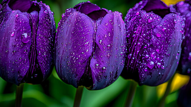 Beautiful close-up of purple tulips adorned with water droplets showcasing natural elegance and vibrant colors in a lush green garden environment