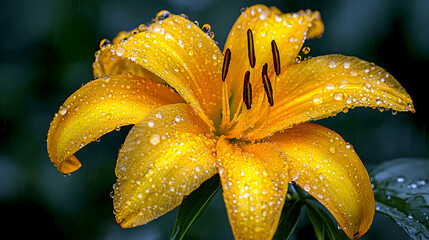 Fototapeta premium Close-up View of a Beautiful Yellow Lily Flower with Dew Drops on Petals Surrounded by Lush Green Foliage in Natural Light