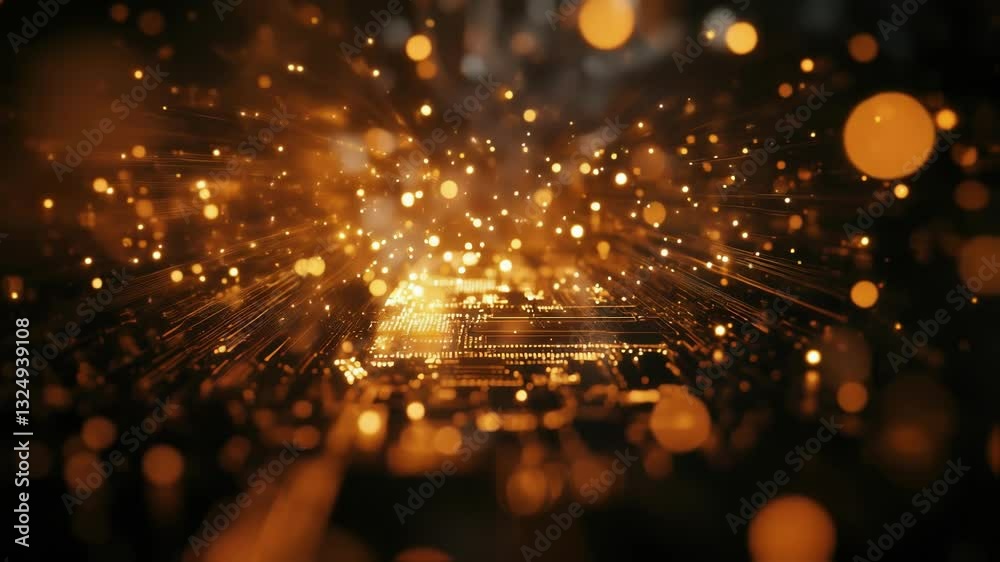 Poster golden particles emanating from motherboard represent innovative engineering in computer technology,