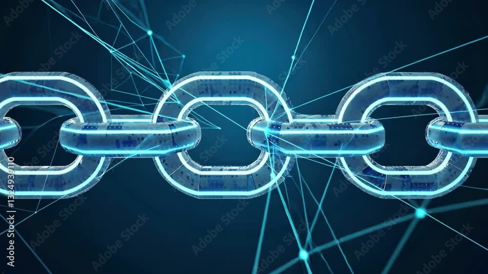 Poster futuristic digital representation of blockchain network interconnected chains and data nodes for sec