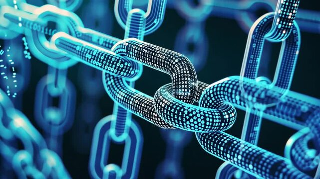 Digital Representation of Blockchain Technology Interconnected Chains with Binary Code Symbolize Secure Data Transfer and Decentralized Networks, Emphasizing Digital Connectivity and Security