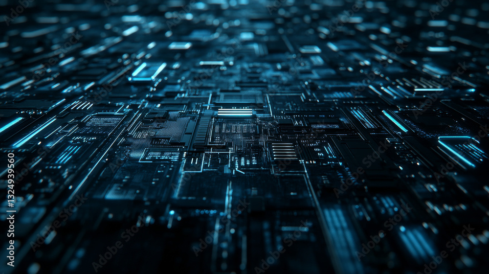 Fototapete thin circuit trace lines in blue on a dark technology background. abstract digital tech bg. electron