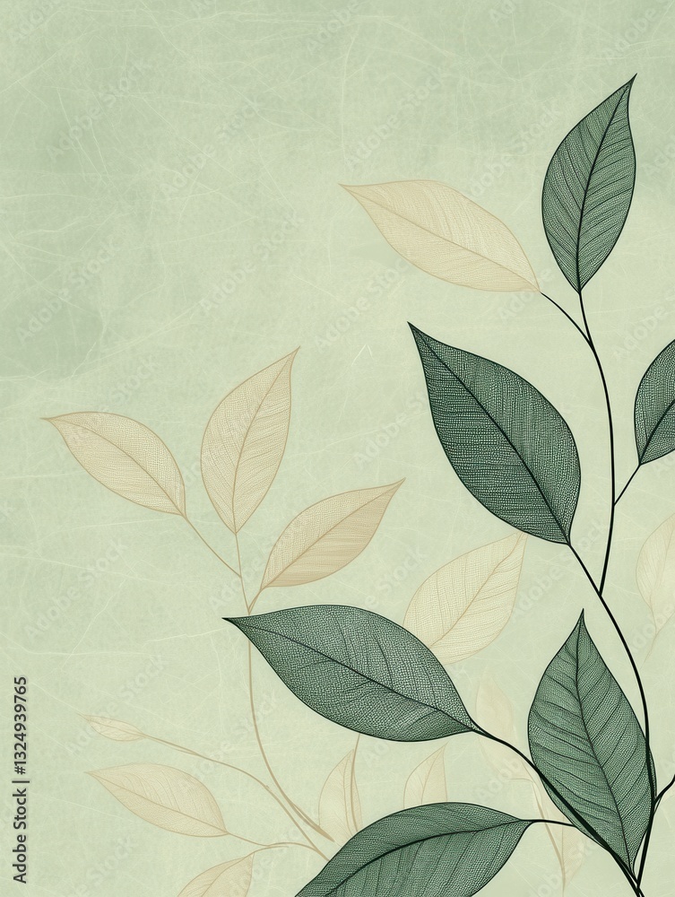 Poster elegant botanical line art on soft green background with leaf textures and eco-friendly design princ