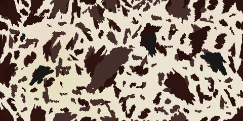 Сow pattern. Seamless spotted vector pattern with brown, black and white cow fur. Abstract trendy natural design for fabrics and clothing. Detailed imitation of cowhide texture.