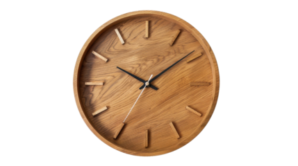 Modern wooden wall clock showing time on transparent background