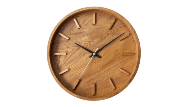 Modern wooden wall clock showing time on transparent background