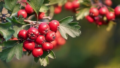 Obraz premium red wild hawthorn berries on branches close