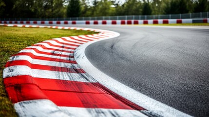 Close up of a race track with red and white barriers. A curve of a high speed motor racing track.