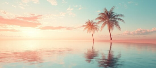 Tranquil Sunset Paradise: Two Palm Trees Reflecting on Calm Ocean Waters