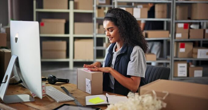Inventory, label and woman with box in warehouse for distribution stock, sticker and cargo. Address, factory or logistics worker in small business for order, packaging process or ecommerce parcel