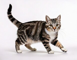 Cute Black and White Cat Walking, Isolated on White Background