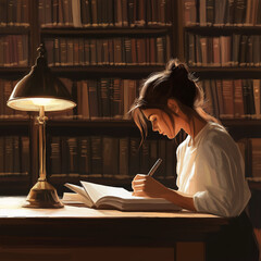 A student studying in a library with shelves of books in the background