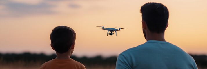 A father and son duo gazing at a flying drone against a stunning sunset backdrop, illustrating the bond between generations, technology, and the joy of shared experiences in nature.