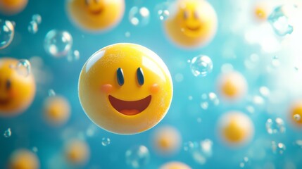 Naklejka premium Bright yellow emojis hovering, pastel soft blue background, serene and cheerful atmosphere