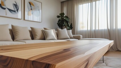 Fototapeta premium Minimalist coffee table in the foreground with a cozy beige sofa in the background