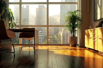 Sunlit modern office with city view. (1)