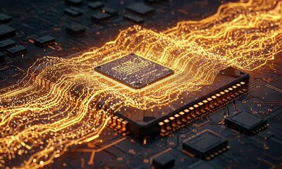 Golden Illuminated Circuit Board With Processor And Data Flow In Black Background - Powered by Adobe