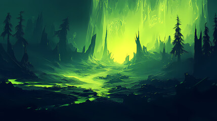 Obraz premium Radiant green glow illuminating the dark polar landscape,, green, dark. Polar Glow. Illustration