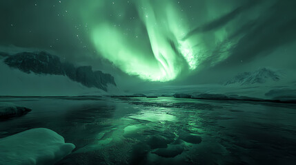 Radiant green glow illuminating the dark polar landscape,, glowing. Polar Glow. Illustration