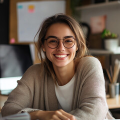 A person smiling confidently while working at a desk