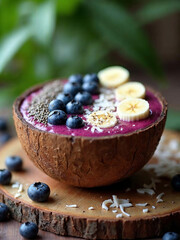 A beautifully arranged healthy breakfast featuring a bowl of creamy Greek yogurt topped with fresh berries, sliced banana
