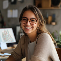 A person smiling confidently while working at a desk