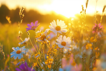 Fototapeta premium Meadow Brilliance Wildflowers in Golden Hour Splendor
