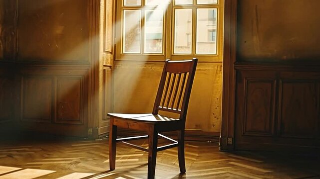 Wooden Chair in Empty Room Sunlight Streaming Through Window, Casting Shadows on Parquet Floor, Creating Warm, Serene, and Nostalgic Atmosphere with Wooden Flooring and Sunlit Room.