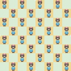 A cute and playful seamless pattern featuring a cartoon bear wearing a blue dress and a pink bow, arranged in a checkered design with soft pastel colors
