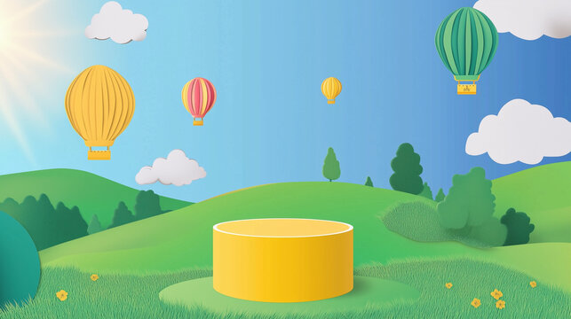 Paper cut of Summer season on green nature landscape, hot air balloons and clouds on blue sky background with yellow color cylinder podium for products display presentation